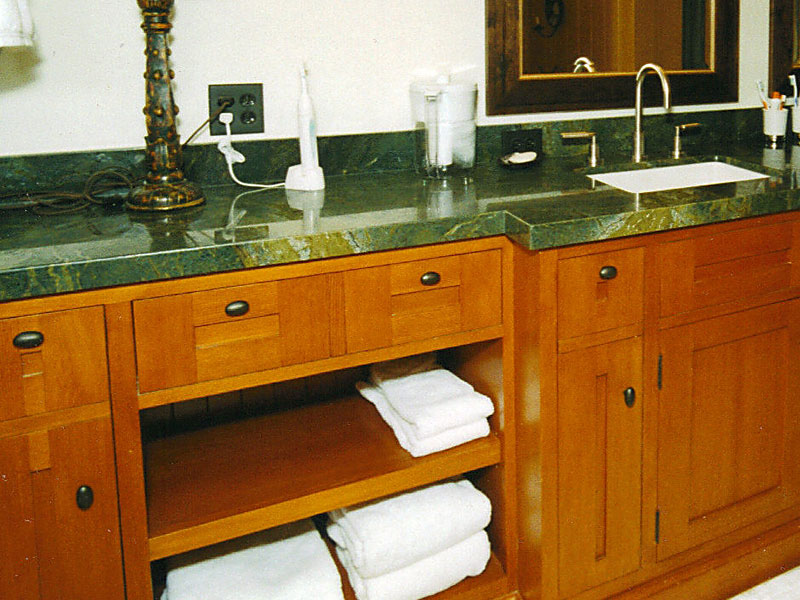 Shaker style  vanity with  clear vertical grained 
Fir wood stained and finished clear
