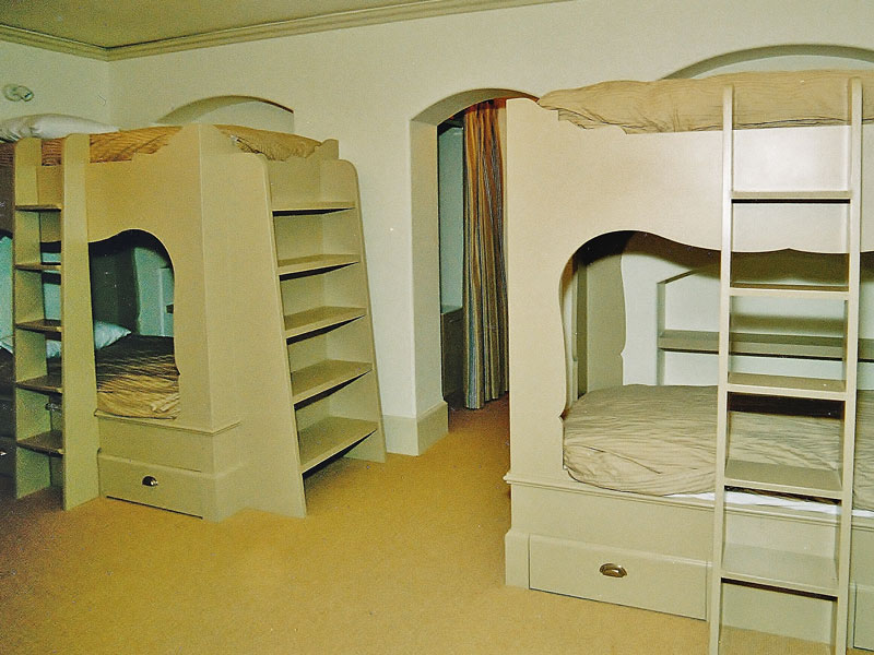 Scandinavian style bunk beds drawers below , tilted ladders with book cases enamel finish