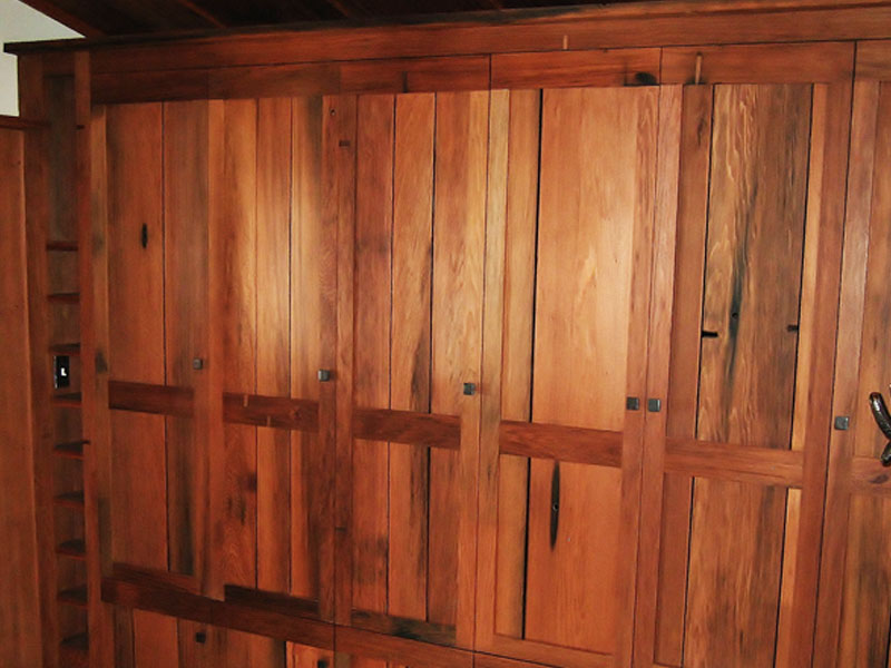 Reclaimed redwood wood lockers custom rail doors w/ spaced slats. Shaker style 