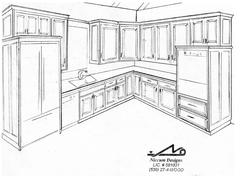 L shaped  kitchen with appliance
paneled housings and wood caps 