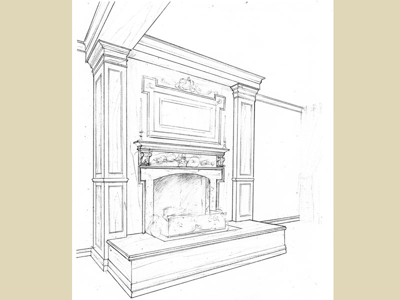 Traditional style fire mantel with carvings, molded center facia  , paneled columns, raised hearth 