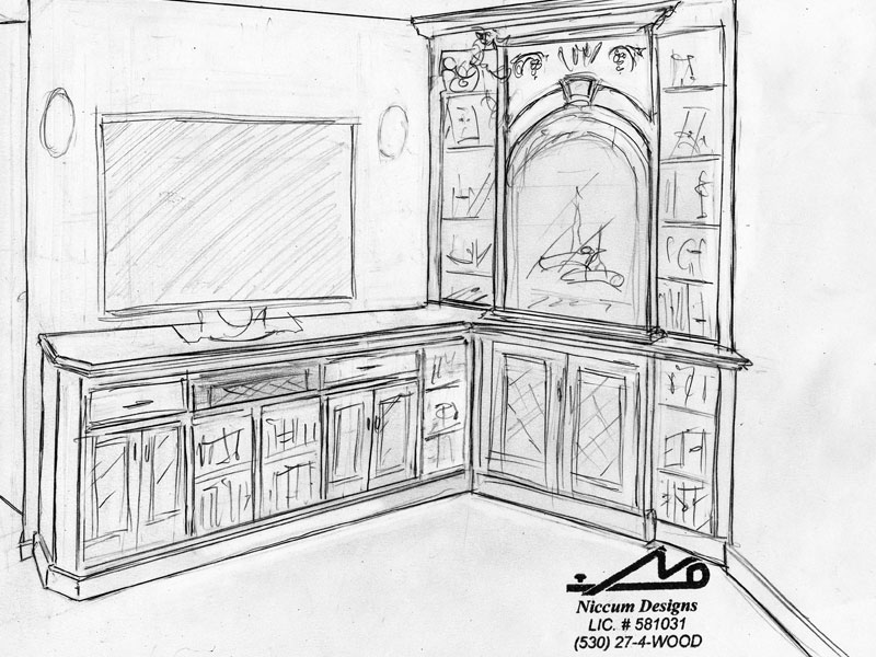 Corner mantel and entertainment unit sketch. With carvings , fabric grills, and glass doors
